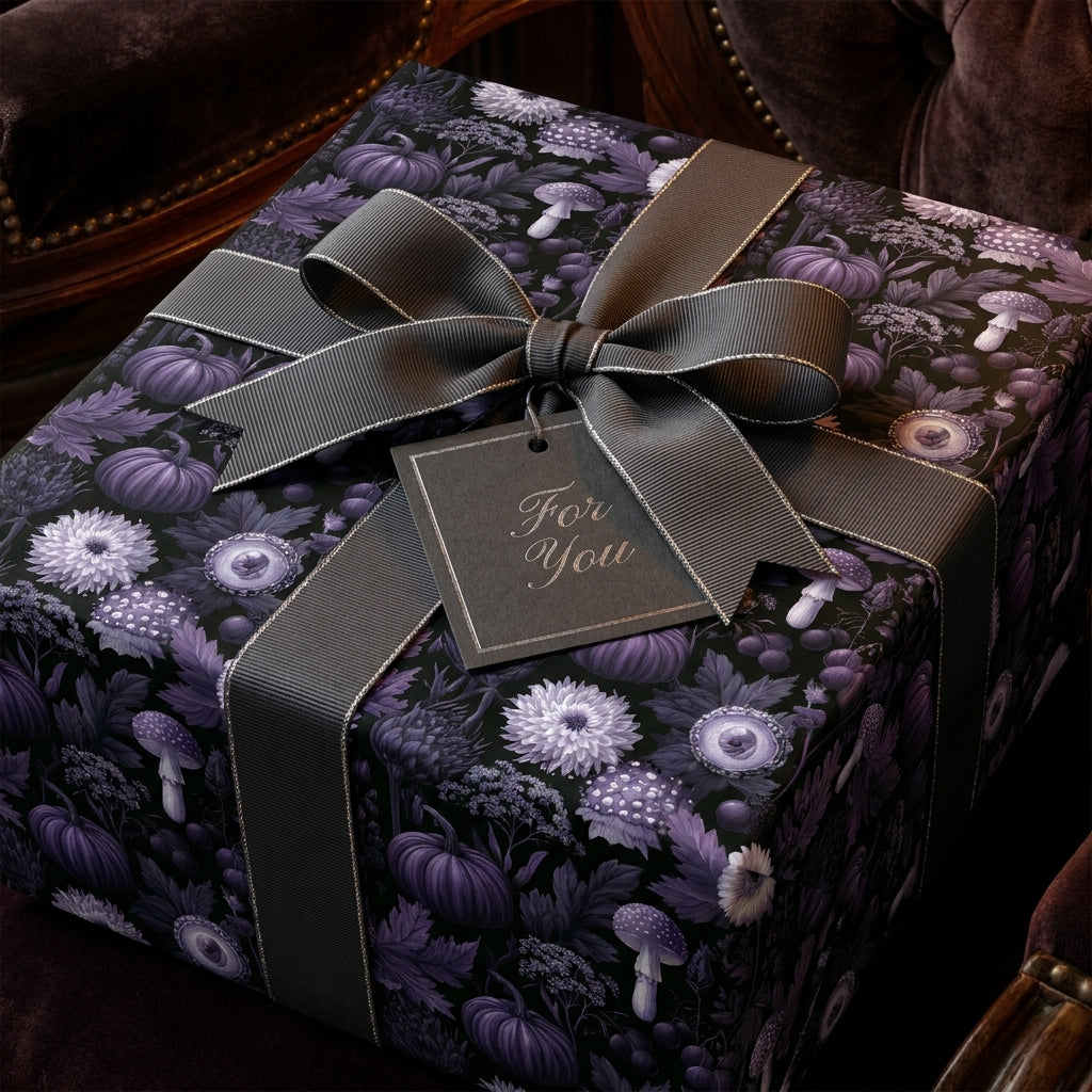 Dark gothic floral wrapping paper with purple pumpkins and a grey ribbon on a gift box by Wrapped Studios.