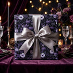 Gothic purple floral wrapping paper with a silver satin bow by Wrapped Studios.