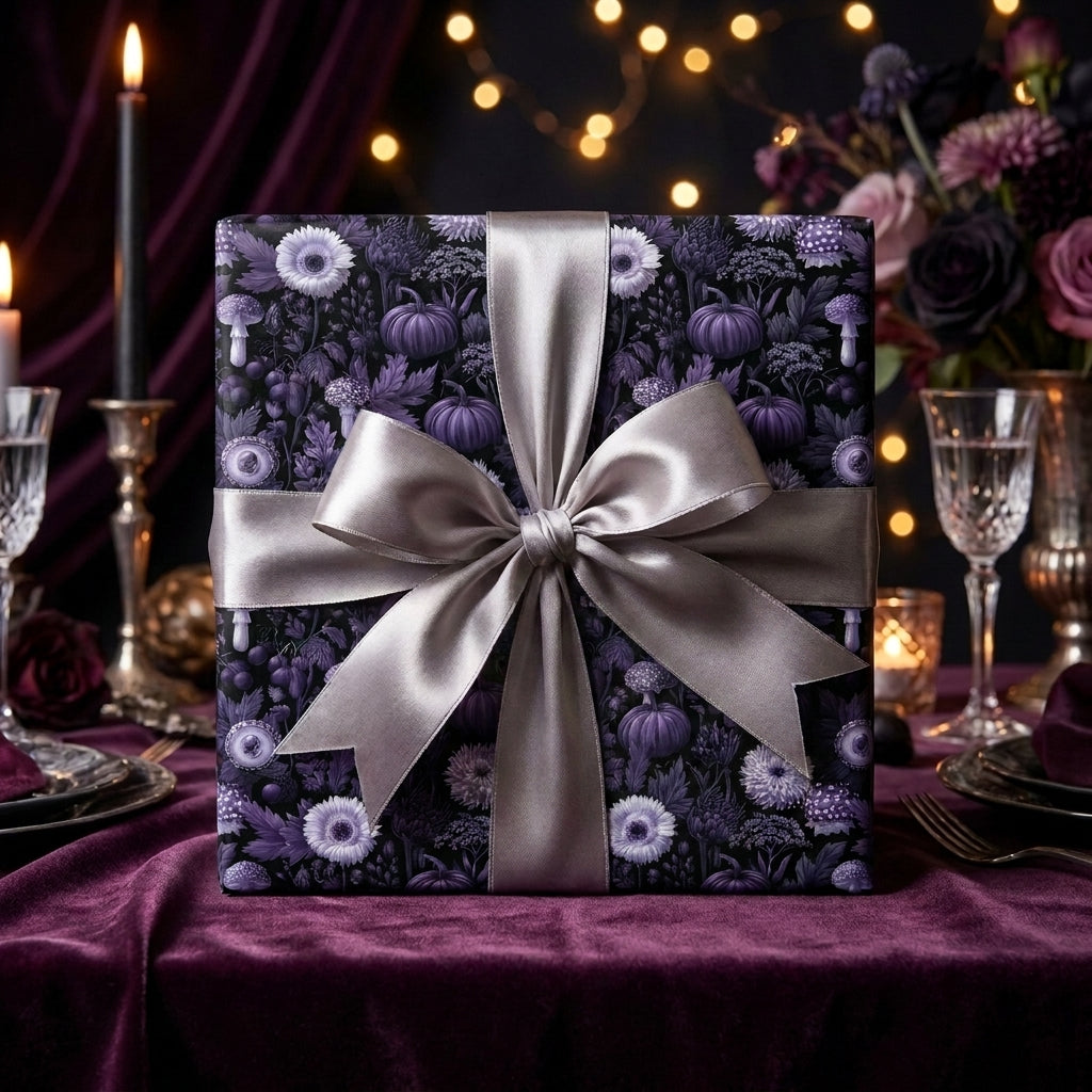 Gothic purple floral wrapping paper with a silver satin bow by Wrapped Studios.
