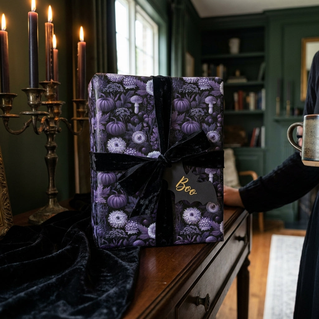 Moody gothic Halloween wrapping paper with purple pumpkins and black velvet ribbon by Wrapped Studios.