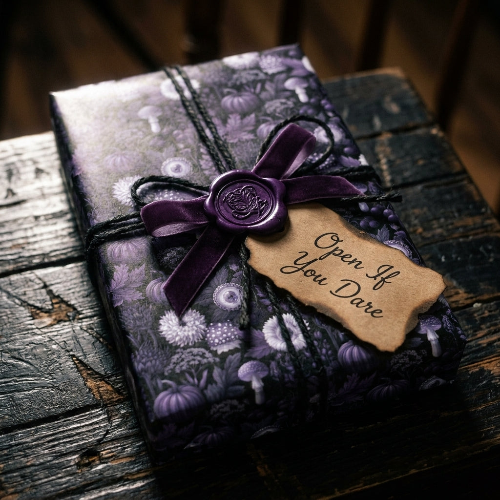 Gothic purple wrapping paper with mushrooms, velvet bow, and wax seal. Spooky gift wrap by Wrapped Studios.