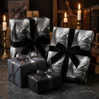 Gothic dragon wrapping paper with black velvet bows, luxury fantasy gift wrap by Wrapped Studios.