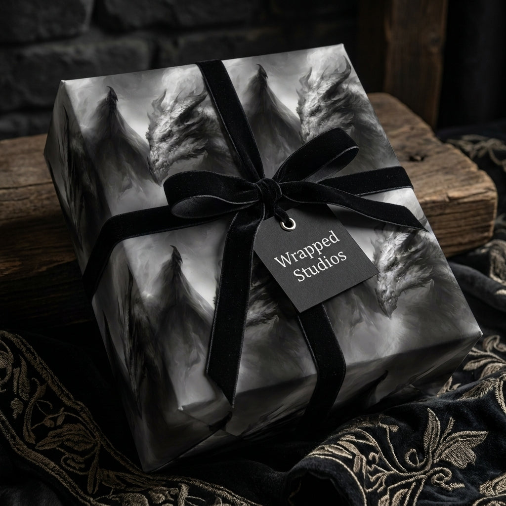 Gothic dragon wrapping paper with a black velvet bow on a gift box by Wrapped Studios.