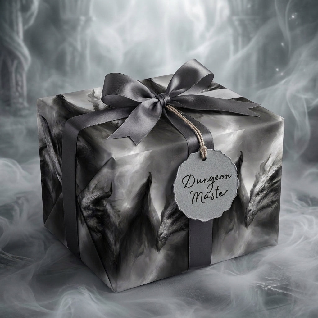 Gothic dragon wrapping paper with grey ribbon and a Dungeon Master tag on a gift box by Wrapped Studios.