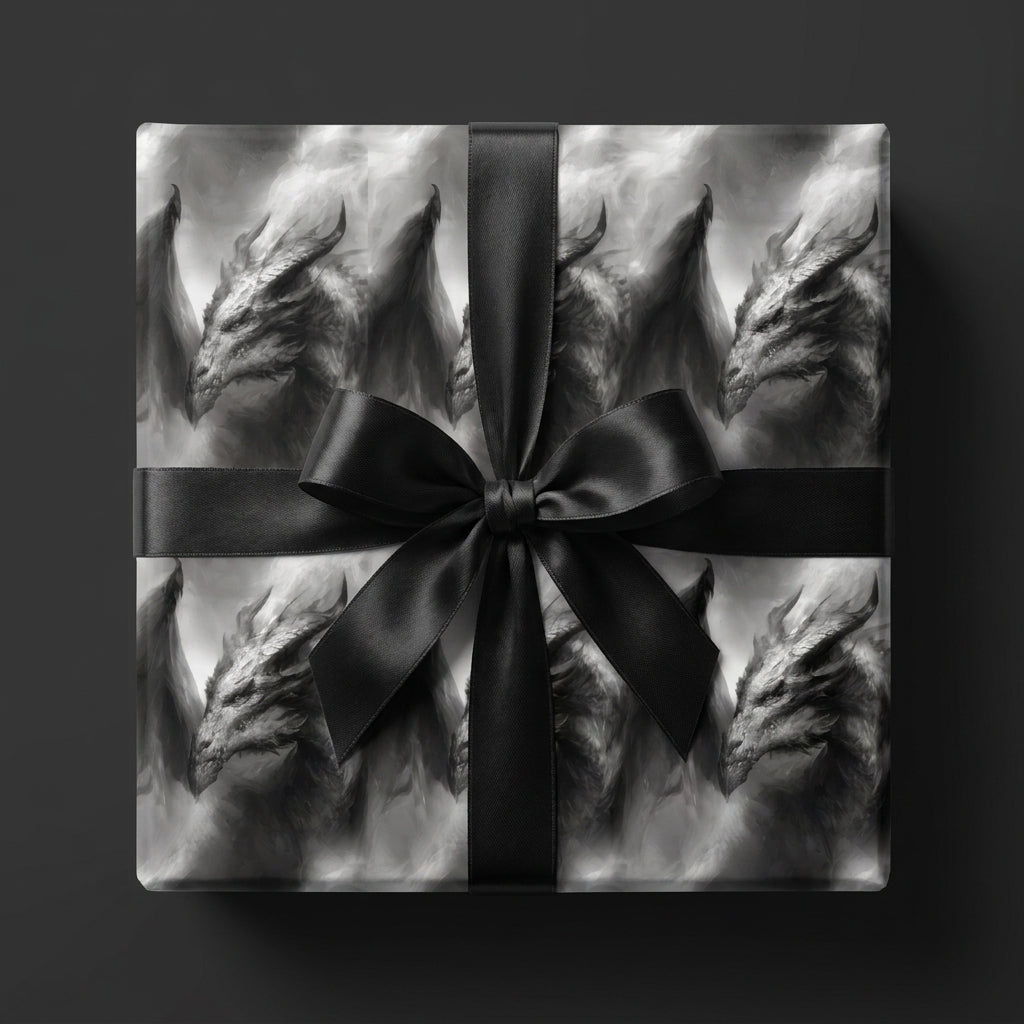 Dark fantasy dragon wrapping paper in black and grey with a black bow by Wrapped Studios.