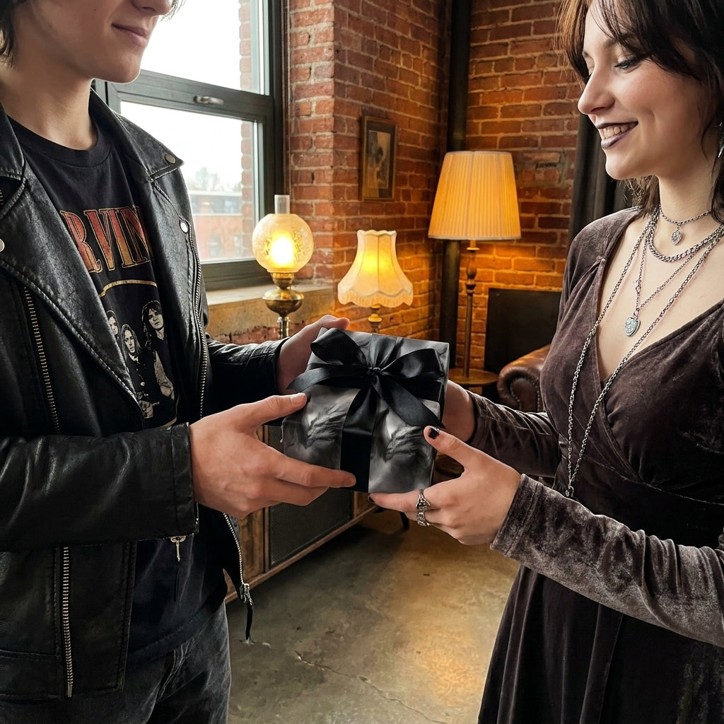 Gothic dragon wrapping paper on a gift with a black satin bow, by Wrapped Studios.