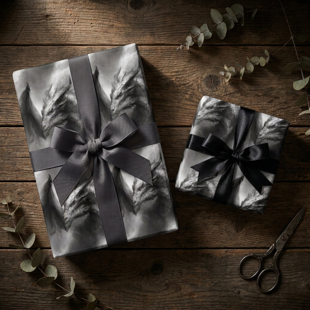 Fantasy dragon wrapping paper in black and white on gifts with elegant bows by Wrapped Studios.