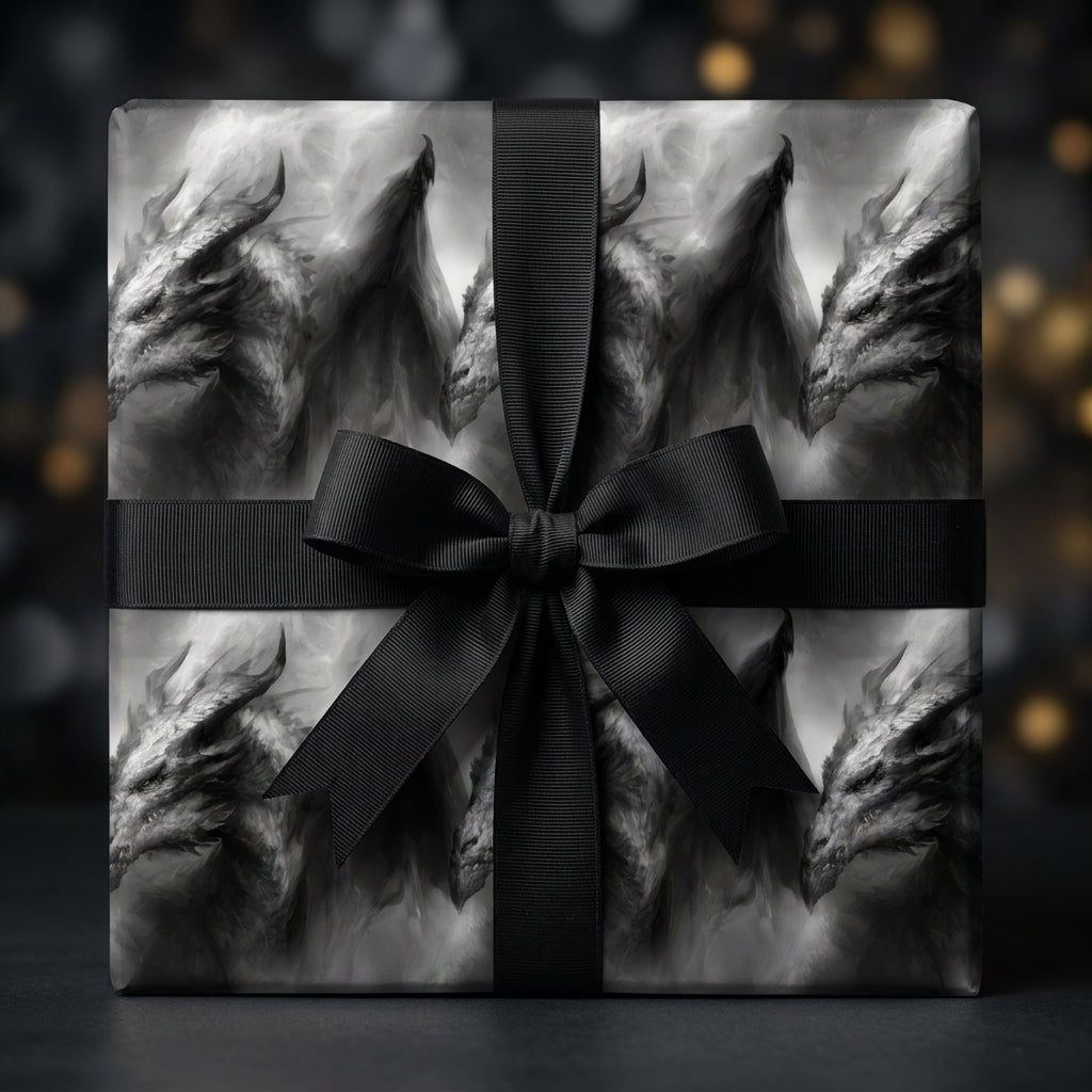 Dark fantasy dragon wrapping paper by Wrapped Studios on a gift box with a black ribbon bow.