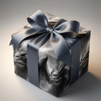 Gothic dragon wrapping paper on a gift box with a steel blue satin bow by Wrapped Studios.