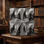 Gothic dragon wrapping paper with a grey velvet ribbon on a gift box in a vintage library, by Wrapped Studios.