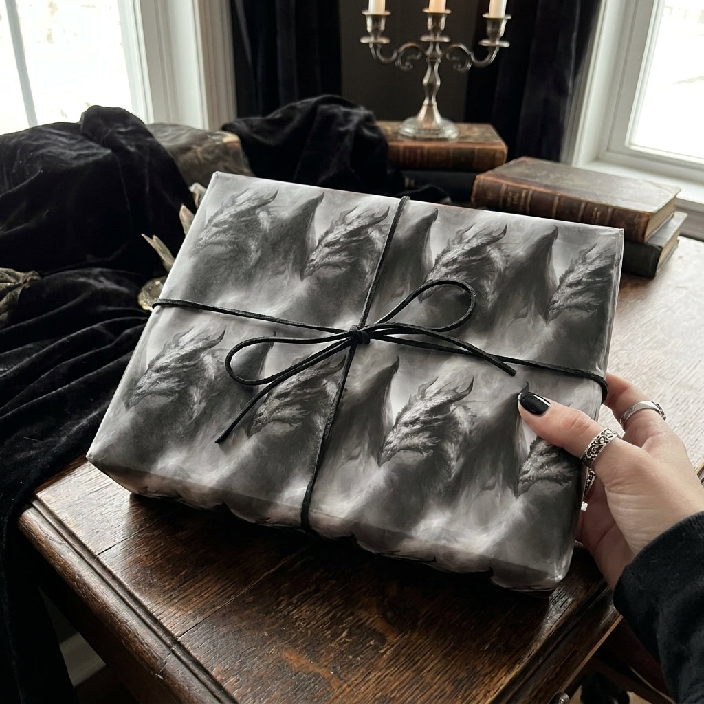 Gothic dragon wrapping paper by Wrapped Studios on a gift box in a dark academia setting.