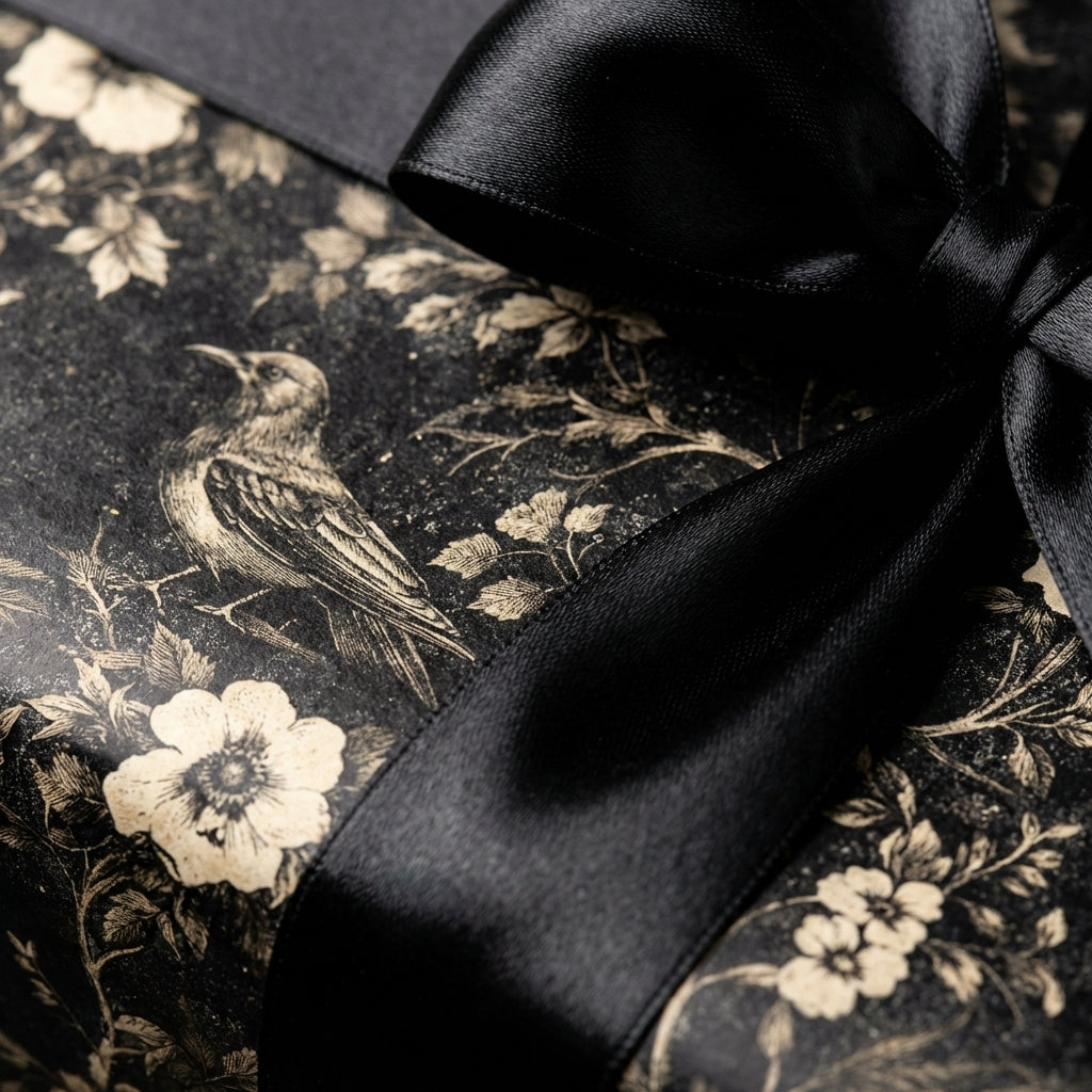 Wrapped Studios' luxury vintage black wrapping paper with botanical bird and cream floral print, adorned with a black satin bow.