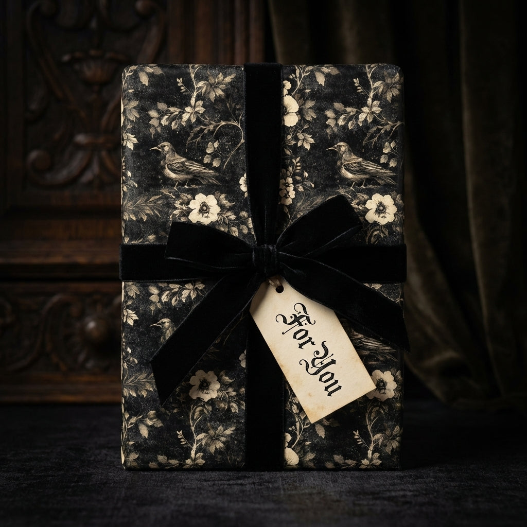 Elegant black & cream floral bird wrapping paper, velvet ribbon, 'For You' tag. Wrapped Studios.