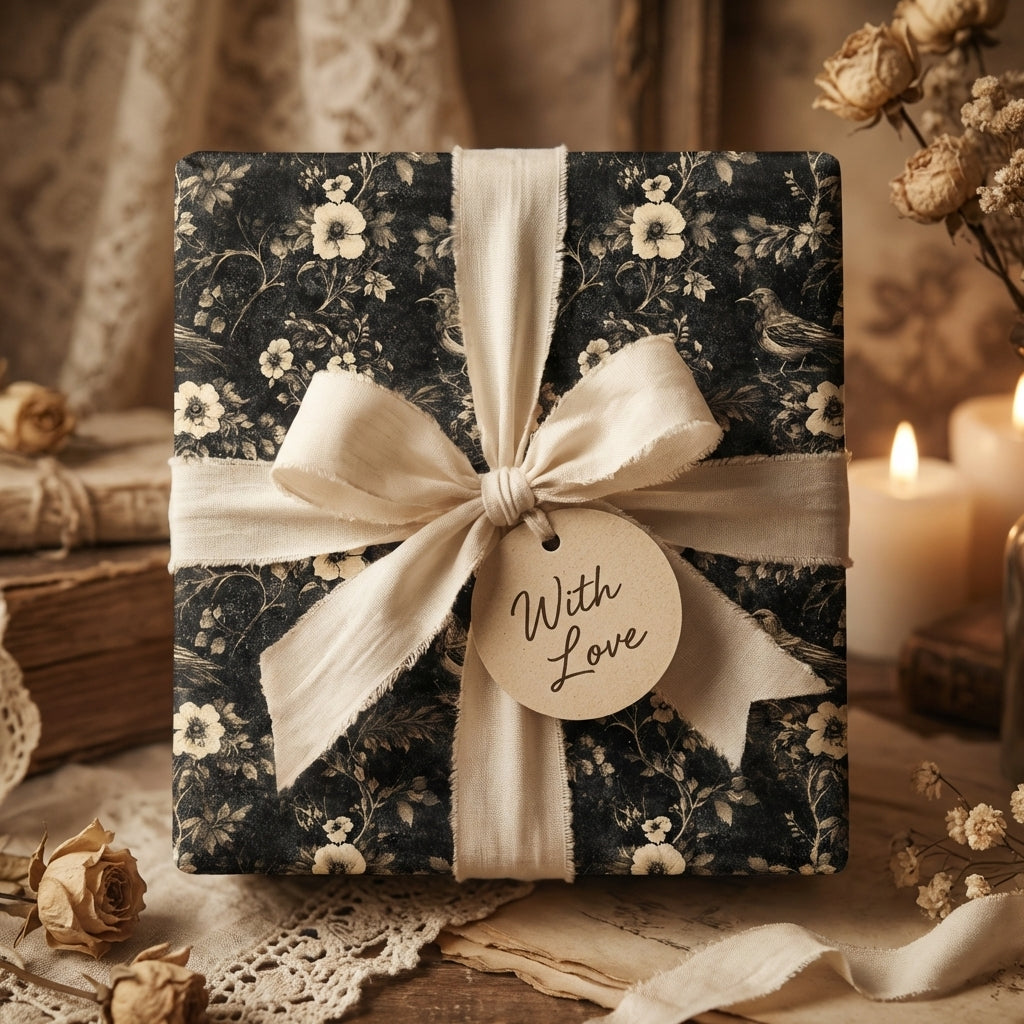 Wrapped Studios: Elegant vintage dark floral wrapping paper with cream ribbon and "With Love" tag. Luxury gift wrap.