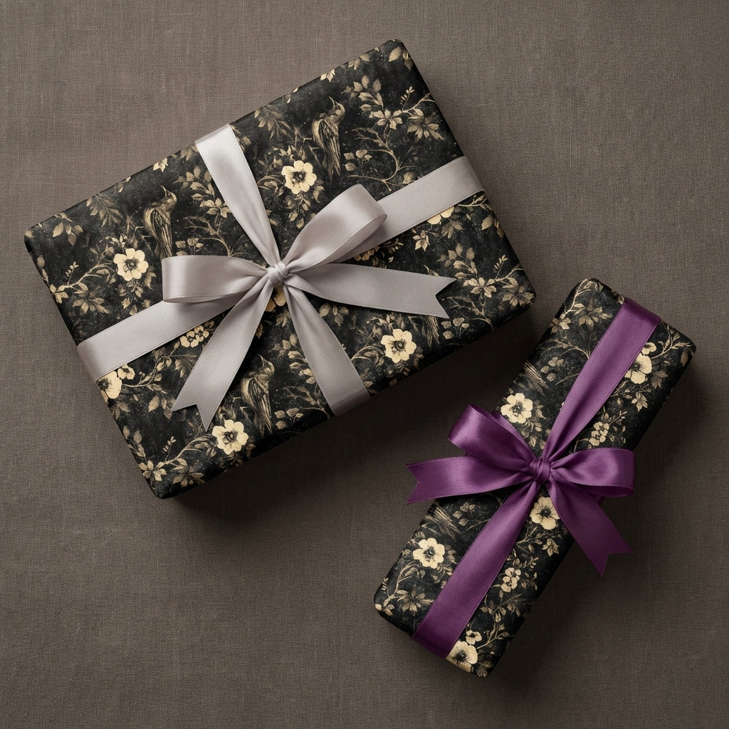 Luxury vintage floral wrapping paper with gold flowers & birds, tied with silver & purple satin ribbons. Wrapped Studios.