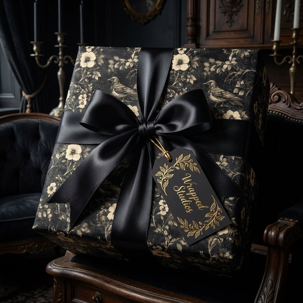 Wrapped Studios luxury black & gold floral gift wrap with birds, vintage design & satin bow.
