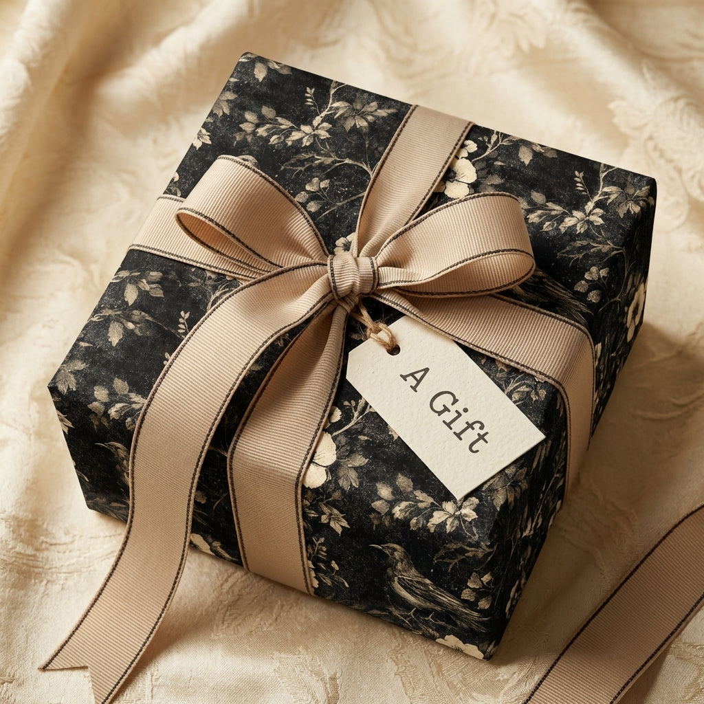 Luxury vintage botanical gift wrap with birds, black and cream, tied with a beige grosgrain ribbon. Wrapped Studios.