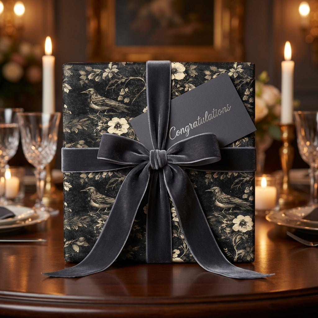 Wrapped Studios: Elegant black and gold botanical wrapping paper with birds, dark grey velvet bow, Congratulations card.