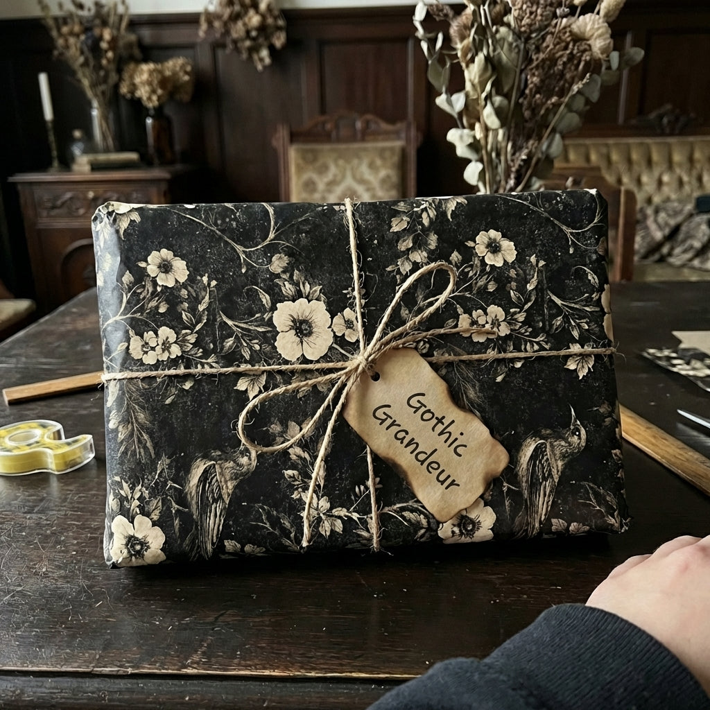 Gothic Grandeur wrapping paper: dark floral & bird pattern, white flowers, jute twine bow. Elegant luxury gift wrap.