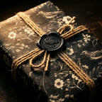 Elegant dark floral wrapping paper with bird pattern, jute twine, black wax seal. Wrapped Studios rustic gift wrap.
