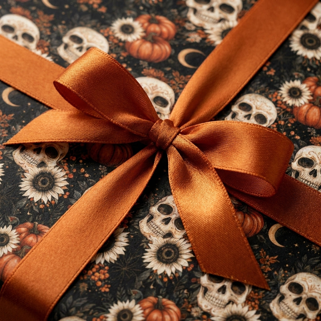 Skull and pumpkin Halloween gift wrap with a copper satin ribbon bow. Gothic wrapping paper by Wrapped Studios.