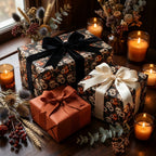 Gothic skull and pumpkin Halloween wrapping paper with luxury bows by Wrapped Studios.