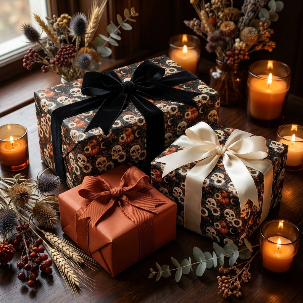 Gothic skull and pumpkin Halloween wrapping paper with luxury bows by Wrapped Studios.
