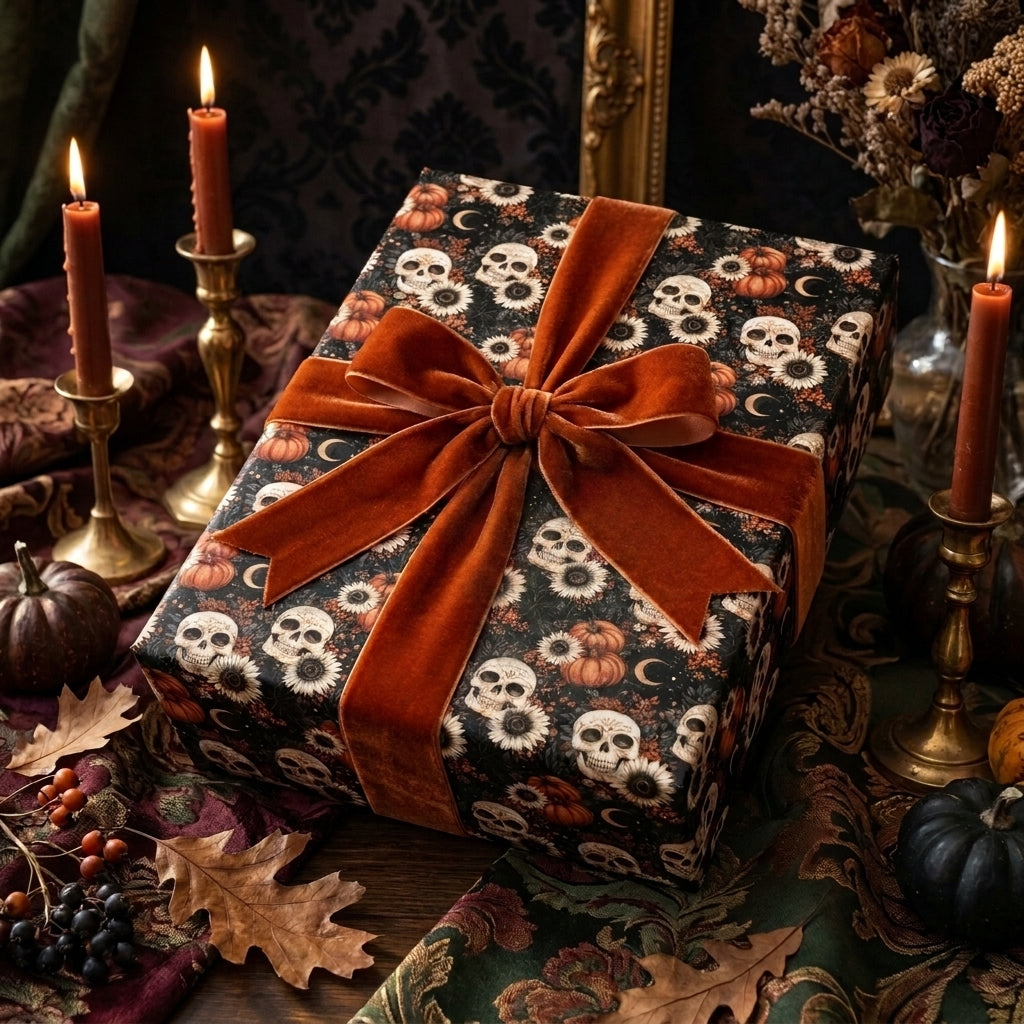 Spooky gothic wrapping paper with skull pattern and orange velvet bow by Wrapped Studios.
