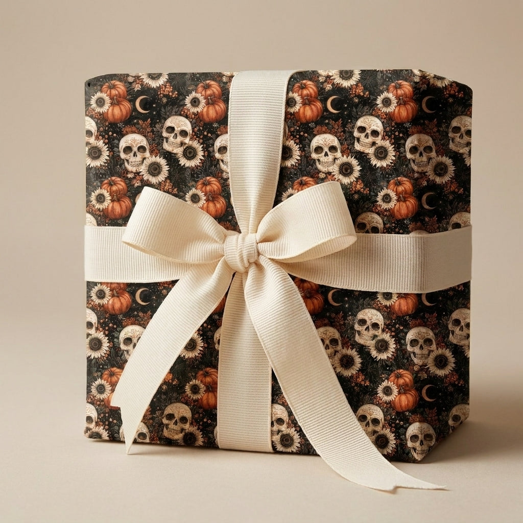 Gothic Halloween wrapping paper with skulls and pumpkins, tied with a cream ribbon by Wrapped Studios.