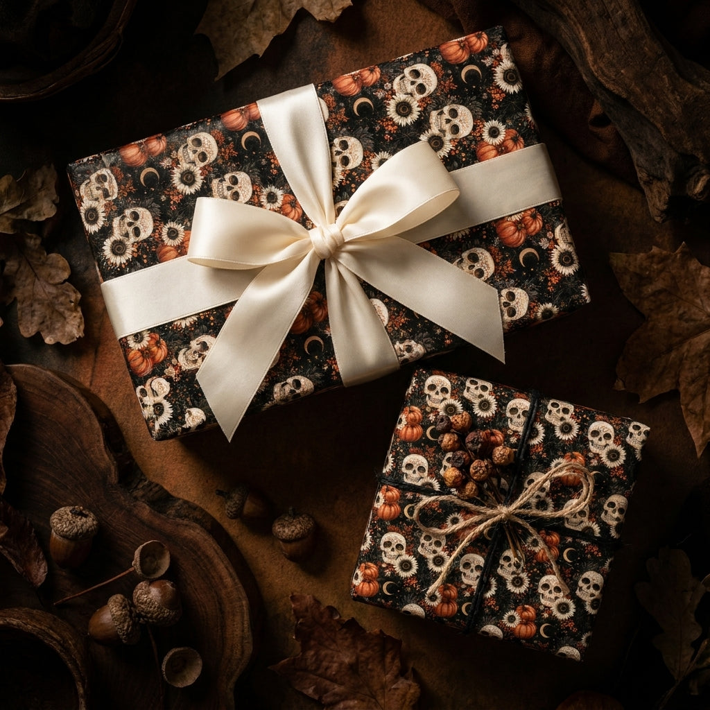 Gothic skull and pumpkin Halloween wrapping paper on rustic gift boxes by Wrapped Studios.