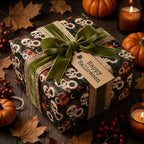 Gothic skull and pumpkin Halloween wrapping paper with green velvet bow by Wrapped Studios.