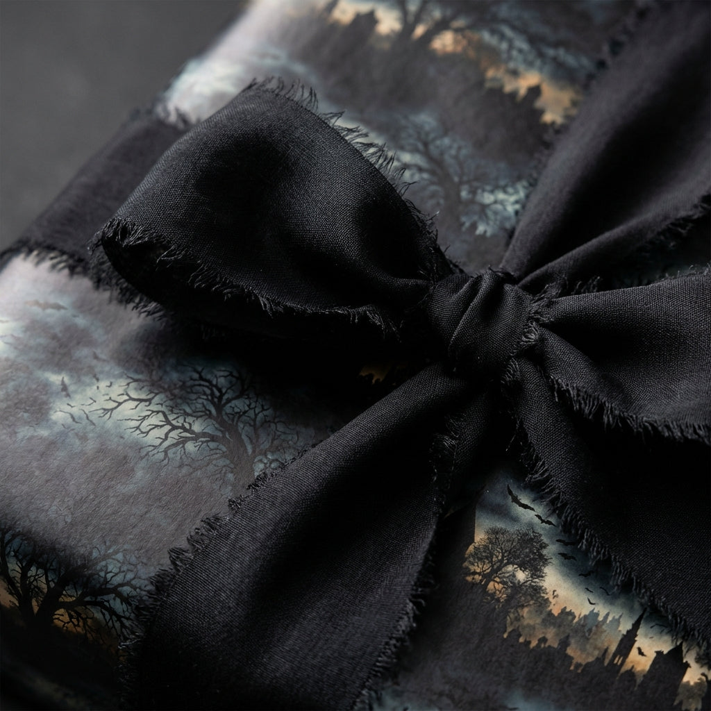 Wrapped gift with black ribbon and spooky Halloween themed wrapping paper.