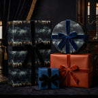 Elegant gifts wrapped in black landscape gift wrap with velvet ribbons for a gothic vibe.