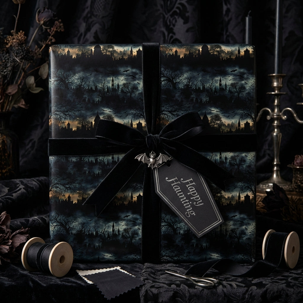 Elegant Halloween wrapping paper with black velvet ribbon and "Happy Haunting" tag.