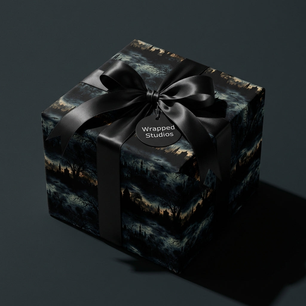 Wrapped Studios gothic wrapping paper with black ribbon, perfect for Halloween gifts.