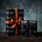 Elegant Halloween gift wrap with spooky landscape pattern and satin ribbons.