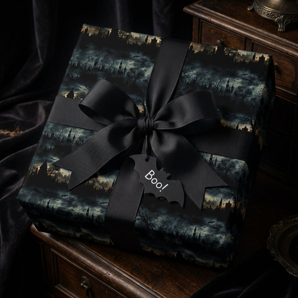 Elegant Halloween gift wrapped in spooky cityscape wrapping paper with black ribbon and bat tag that says "Boo!"