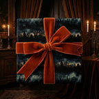 Luxury gothic gift wrap featuring burnt orange velvet ribbon.