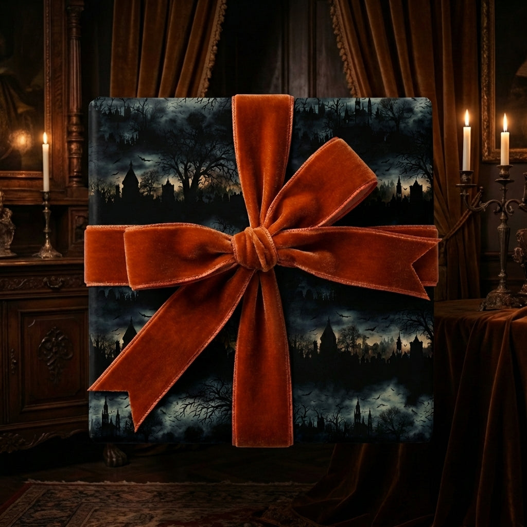Luxury gothic gift wrap featuring burnt orange velvet ribbon.