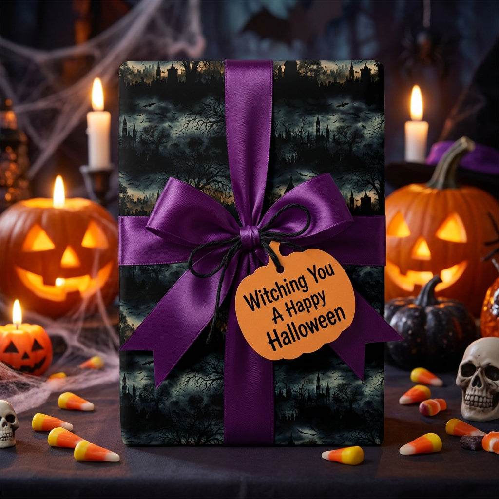 Halloween gift wrapped in spooky night themed paper with a purple bow and pumpkin tag.