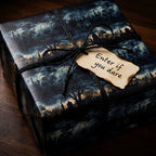 Square gift wrapped in gothic Halloween gift wrap with black twine and "Enter if you dare" tag.