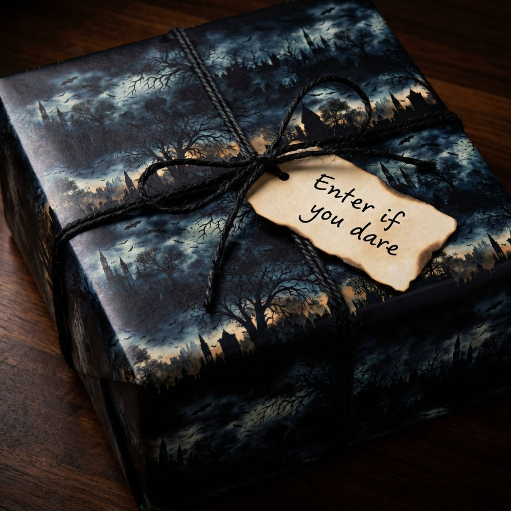 Square gift wrapped in gothic Halloween gift wrap with black twine and "Enter if you dare" tag.