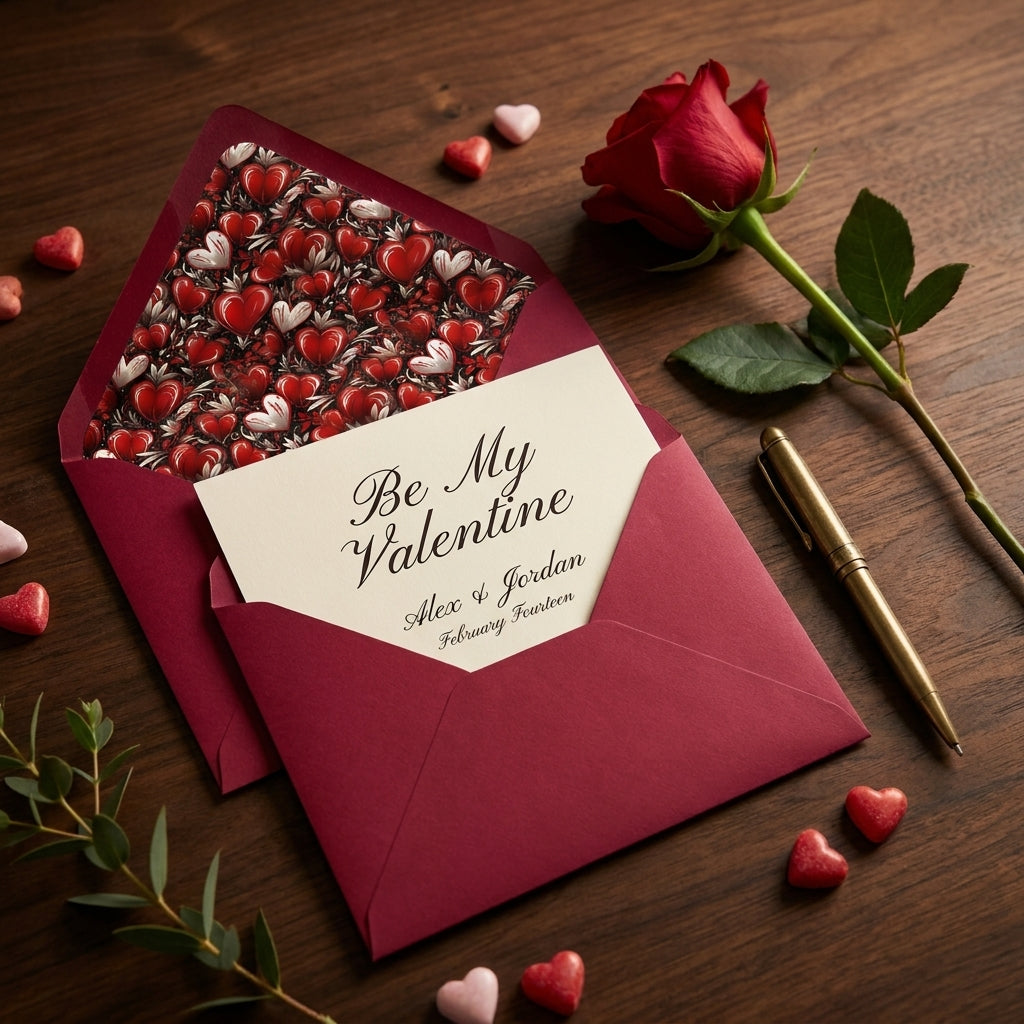 Valentine's Day heart wrapping paper liner in a burgundy envelope with a red rose by Wrapped Studios.