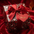 Romantic Valentine's Day wrapping paper on a luxury gift box with a red satin bow by Wrapped Studios.