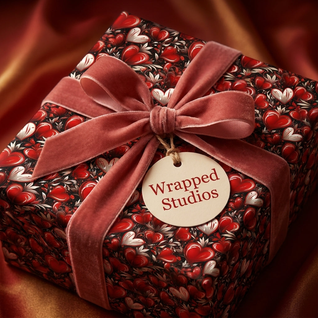 Luxury Valentine's Day wrapping paper with red hearts and a pink velvet bow by Wrapped Studios.