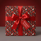 Red hearts Valentine's Day wrapping paper with a satin bow, by Wrapped Studios.