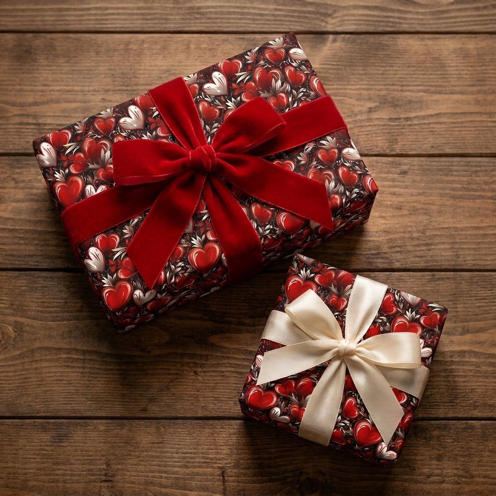 Romantic heart wrapping paper on Valentine's Day gift boxes with luxury bows by Wrapped Studios.