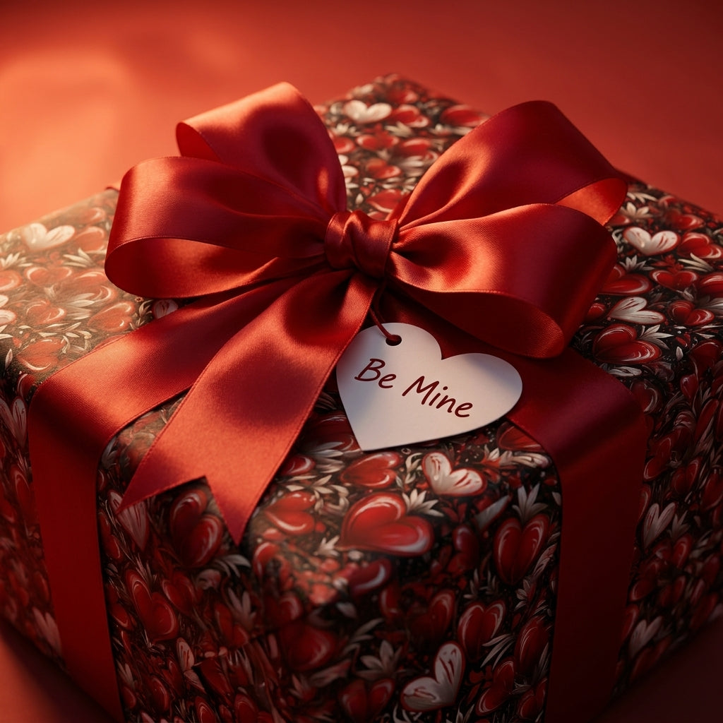 Valentine's Day wrapping paper on a gift with red satin bow and 'Be Mine' tag by Wrapped Studios.