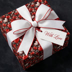 Valentine's Day heart wrapping paper with white bow and 'With Love' tag by Wrapped Studios.