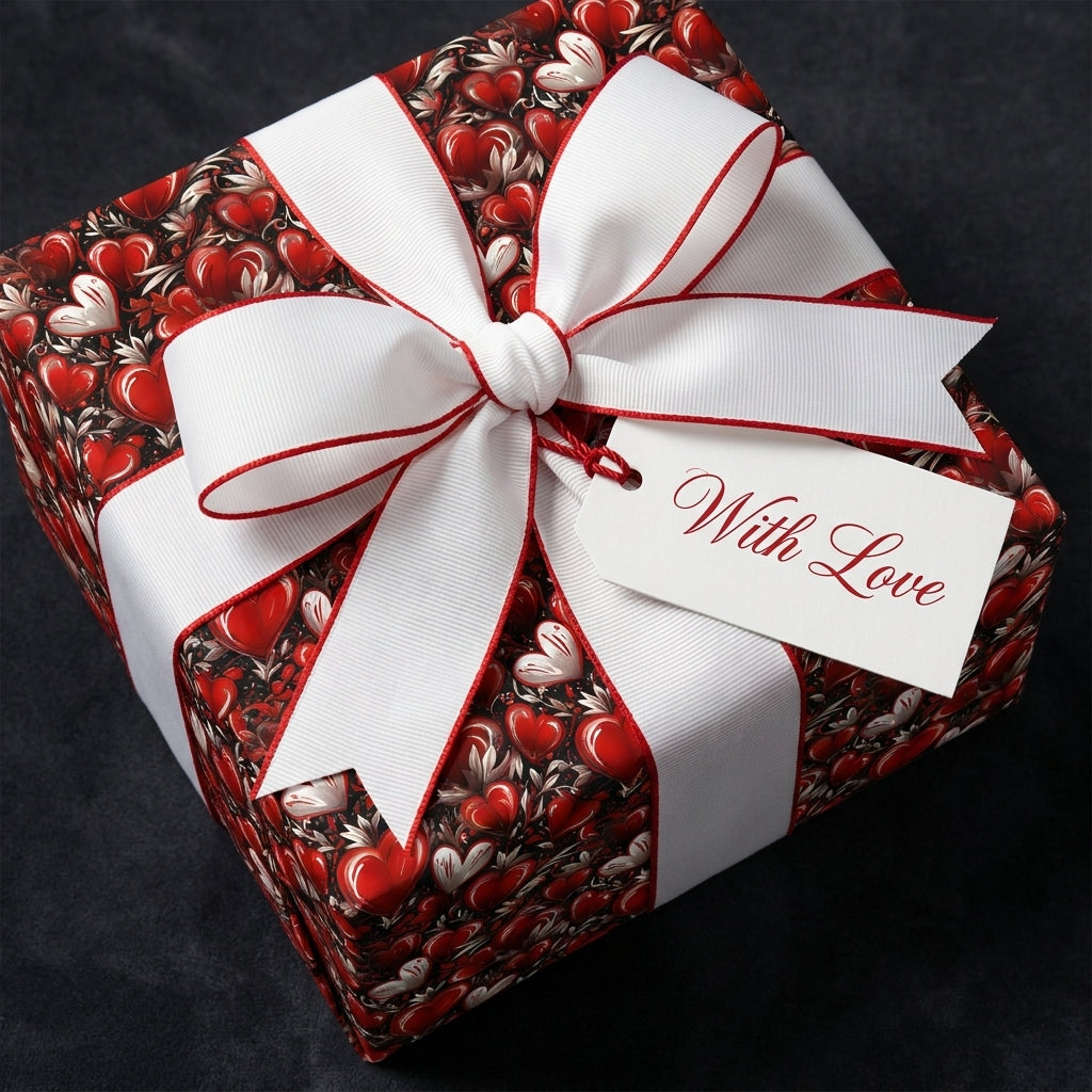 Valentine's Day heart wrapping paper with white bow and 'With Love' tag by Wrapped Studios.